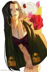  1girl black_hair blue_eyes boa_hancock charmiisan cowboy_shot dress english_commentary flower highres hime_cut jacket jacket_on_shoulders long_hair looking_to_the_side one_piece purple_dress red_flower red_rose rose solo twitter_username white_flower white_rose 