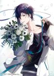  1boy aqua_ribbon artist_request black_hair black_shirt blue_eyes blurry bokeh bouquet collarbone copyright_name depth_of_field ear_piercing falling_petals flower gradient_background green_hair grey_pants holding holding_bouquet jacket leaf light_rays male_focus mayuzumi_kai mayuzumi_kai_(1st_costume) multicolored_hair nijisanji official_art open_clothes open_jacket pants petals piercing ribbon shirt solo streaked_hair teeth virtual_youtuber white_jacket white_petals 