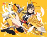  1010_mumumu 1girl adapted_costume avataro_sentai_donbrothers belt black_hair black_kimono boots club_(weapon) haori highres horns japanese_clothes kanabou kimono kito_haruka oni_sister smile sunglasses super_sentai unworn_eyewear weapon wide_sleeves yellow_background yellow_eyes 