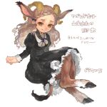  1girl animal_ears bad_drawr_id bad_id black_dress blue_bow bow braid brown_eyes buttons character_request closed_mouth copyright_request crown_braid dress floating frilled_dress frills full_body goat_ears goat_girl goat_horns goat_tail grey_hair hair_bow hooves horns juliet_sleeves long_sleeves looking_at_viewer monster_girl oekaki puffy_sleeves simple_background solo tail tanaka_pen translation_request white_background 