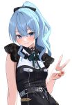  1girl absurdres black_choker black_dress black_ribbon blue_eyes blue_hair blush choker collared_dress dress hair_ribbon highres hololive hoshimachi_suisei hoshimachi_suisei_(streetwear) lace lace_choker lace_sleeves long_hair looking_at_viewer nail_polish nisi_ki_no official_alternate_costume ponytail ribbon short_sleeves smile solo v virtual_youtuber white_background yellow_nails 