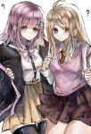  2girls ? akamatsu_kaede black_jacket black_thighhighs brown_skirt collared_shirt danganronpa_(series) danganronpa_2:_goodbye_despair danganronpa_v3:_killing_harmony dress_shirt hair_ornament hairclip highres jacket long_hair medium_hair miniskirt multiple_girls musical_note musical_note_hair_ornament nanami_chiaki neck_ribbon necktie open_clothes open_jacket pi_no_(qqy6xxf8zxmbvyy) pink_eyes pink_hair pink_ribbon pink_sweater_vest pleated_skirt ribbon shirt skirt sweater_vest thigh-highs two-tone_shirt 