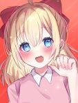  1girl ahoge blonde_hair blue_eyes bow child dress hair_bow happy looking_at_viewer mother_(game) mother_2 orange_background paula_(mother_2) pink_dress short_hair short_sleeves smile solo user_pkrx4332 