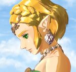 1girl bare_shoulders bead_necklace beads blue_sky braid circlet closed_mouth clouds crown_braid dress drop_earrings earrings from_side green_eyes jewelry lips looking_down necklace official_alternate_costume pointy_ears princess_zelda rabitan1022 short_hair sidelocks sky solo strapless strapless_dress the_legend_of_zelda the_legend_of_zelda:_tears_of_the_kingdom upper_body 
