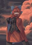  1girl black_gloves black_shirt blue_bow bow cloak clouds commentary gloves hair_bow harucyon4 highres looking_to_the_side outdoors red_eyes red_skirt redhead sekibanki shirt skirt solo touhou 