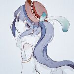  1girl blue_eyes blue_hair blunt_bangs brown_headwear closed_mouth grey_background hat hat_feather kumi_seika long_hair long_sleeves looking_at_viewer magia_record:_mahou_shoujo_madoka_magica_gaiden magical_girl mahou_shoujo_madoka_magica shirt side_ponytail simple_background solo upper_body white_shirt yorunogumo 