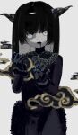  1girl black_dress black_gloves black_hair clouds collared_dress colored_skin cowboy_shot dress drooling gloves grey_background grey_eyes grey_skin highres horns hougetsu_(moon_neetcat) liquid long_hair long_sleeves looking_at_viewer mouth_drool open_mouth original solo standing 