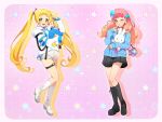  2girls :d :o aikatsu!_(series) aikatsu_friends! bag black_footwear black_nails black_skirt blonde_hair blue_bow blue_cardigan blunt_bangs blush boots border bow cardigan checkered_background choker commentary curly_hair detached_sleeves dot_nose earrings finger_to_own_chin full_body gradient_hair green_eyes hair_bow hand_up happy heart heart_earrings high_heels highres hinata_ema_(aikatsu_friends!) holding holding_stuffed_toy jewelry legs_together long_hair long_sleeves looking_at_viewer miniskirt multicolored_hair multiple_girls one_eye_closed open_mouth orange_eyes orange_hair pink_hair red_ribbon ribbon rumo salute shirt short_shorts short_sleeves shorts skindentation skirt smile standing standing_on_one_leg stuffed_toy symbol-only_commentary thigh_strap twintails two-tone_hair very_long_hair white_footwear white_shirt white_shorts yuki_aine 