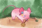  animal_focus animalization blue_eyes bocchi_the_rock! bocchidaily commentary cube_hair_ornament dandelion dated english_commentary flower full_body gotoh_hitori hair_ornament mouse mouth_hold no_humans outdoors pink_fur solo standing yellow_flower 
