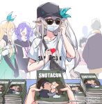 2boys 2girls 5others baseball_cap black_jacket blonde_hair convention dress fujoshi green_dress grey_hair hal_emmerich hat head_wings highres jacket kiss long_hair long_sleeves maplesights mask meme metal_gear_(series) metal_gear_solid mouth_mask multiple_boys multiple_girls multiple_others nijisanji nijisanji_en pointy_ears pomu_rainpuff pomu_rainpuff_(1st_costume) pov selen_tatsuki selen_tatsuki_(1st_costume) shirt short_sleeves solid_snake standing sunglasses virtual_youtuber white_shirt wings yaoi