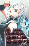  1girl blue_eyes box box_of_chocolates chocolate dated double-parted_bangs eiyuu_densetsu food hair_between_eyes half_updo highres holding holding_chocolate holding_food jewelry kuro_no_kiseki long_hair looking_at_viewer necklace open_mouth shizuna_rem_misurugi sidelocks signature smile solo tinybiard twitter_username white_hair 