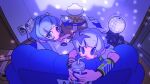  2girls blue_eyes blue_hair blunt_bangs box bracelet cardboard_box closed_mouth couch cup disco_ball disposable_cup drinking drinking_straw drinking_straw_in_mouth earrings eclair_groove electric_plug electrical_outlet food from_above hachika_chan highres holding holding_cup indie_virtual_youtuber indoors jewelry long_hair looking_at_viewer looking_back metro_mew multiple_girls official_art on_couch pizza pizza_box short_hair short_sleeves sitting somunia virtual_youtuber 