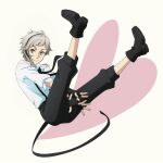  1boy bungou_stray_dogs closed_mouth full_body grey_hair highres looking_at_viewer mari_(marimaripink) nakajima_atsushi_(bungou_stray_dogs) shirt smile solo twitter_username white_shirt yellow_eyes 