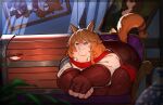  1boy :3 absurdres ahoge animal_ears braid brown_gloves cat_boy cat_ears cat_tail cleft_chin closed_mouth commission fat fat_man fingerless_gloves gloves highres kowai_(iamkowai) male_focus mimic mimic_chest neco-arc orange_eyes orange_hair original painting_(object) peter_griffin solo tail tsukihime vase 