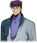  1boy arms_at_sides artist_request blue_jacket blue_shirt closed_mouth code_geass code_geass:_lost_stories cropped_torso game_cg glasses headband jacket long_sleeves looking_at_viewer male_focus minami_yoshitaka non-web_source official_art open_clothes open_jacket purple_hair red_headband rimless_eyewear shirt short_hair simple_background solo standing swept_bangs transparent_background triangular_eyewear upper_body v-shaped_eyebrows violet_eyes 