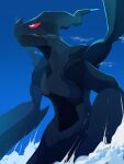  above_clouds aqua_eyes closed_mouth clouds colored_sclera commentary day giant highres kou11021301 no_humans outdoors pokemon pokemon_(creature) red_sclera sky solo symbol-only_commentary zekrom 