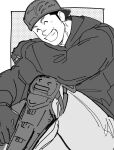  1boy ^_^ aikawa_(dorohedoro) backwards_hat baseball_cap closed_eyes dorohedoro feet_out_of_frame greyscale happy hat jacket knee_up male_focus medium_sideburns monochrome muscular muscular_male pants protected_link risu_(dorohedoro) sasaki_(ssk_p3) sitting solo thick_eyebrows 