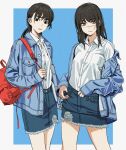  2girls absurdres backpack bag black_hair chainsaw_man cutoffs denim denim_jacket denim_skirt dual_persona highres holding holding_bag jacket jacket_partially_removed looking_at_viewer mitaka_asa multiple_girls ponytail ringed_eyes scar scar_on_face shiren_(ourboy83) shirt shirt_tucked_in simple_background skirt two-tone_background white_shirt yoru_(chainsaw_man) 
