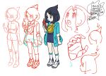  1girl arrow_(symbol) black_hair black_shorts blue_eyes closed_mouth coat commentary_request cowlick eyelashes green_coat hair_ornament hairclip holding holding_phone liko_(pokemon) multiple_views open_clothes open_coat partially_colored phone pokemon pokemon_(anime) pokemon_horizons sagemaru-br shirt shoes shorts signature sleeves_past_elbows socks white_background white_footwear white_shirt white_socks yellow_bag 