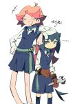  2girls amanda_o&#039;neill ankle_socks arrcticc_fish black_hair blue_dress blue_eyes closed_eyes constanze_amalie_von_braunschbank-albrechtsberger dress gloves holding holding_wrench jitome leaning_on_person little_witch_academia looking_at_viewer luna_nova_school_uniform multiple_girls red_gloves redhead school_uniform shirt short_hair simple_background socks standing thick_eyebrows white_background white_shirt witch wrench 