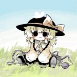  1girl black_eyes black_headwear blue_sky blush bow bug butterfly buttons diamond_button eyeball frilled_sleeves frills grass green_hair green_skirt hat hat_ribbon heripantomorrow komeiji_koishi long_sleeves outdoors ribbon short_hair sitting skirt sky smile solo third_eye touhou wide_sleeves 