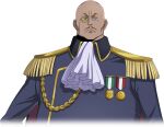  1boy arms_at_sides artist_request ascot bags_under_eyes bald bartley_asprius blue_eyes blue_jacket cape closed_mouth code_geass code_geass:_lost_stories cropped_torso dark-skinned_male dark_skin earrings epaulettes fat fat_man furrowed_brow game_cg grey-framed_eyewear jacket jewelry long_sleeves looking_at_viewer male_focus medal military_uniform monocle non-web_source official_art pencil_mustache red_cape simple_background single_earring solo tinted_eyewear transparent_background uniform v-shaped_eyebrows white_ascot yellow-tinted_eyewear 