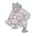  1boy aqua_eyes aqua_hair arms_on_knees double_bun hair_bun highres jujutsu_kaisen kashimo_hajime male_focus medium_hair pants seey00 shirt shoes sneakers solo squatting sweater white_background white_pants white_shirt white_sweater 