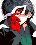  1boy ako_(eanaaati1) amamiya_ren black_coat black_hair coat gloves highres holding holding_mask long_sleeves looking_at_viewer male_focus mask persona persona_5 red_eyes red_gloves simple_background solo upper_body white_mask 