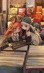  2girls absurdres animal_ear_fluff animal_ears arknights black_nails frostleaf_(arknights) highres jacket knit_hat multiple_girls necktie open_clothes open_jacket pointy_ears red_eyes redhead togekk0 vigna_(arknights) yuri 