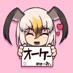  1girl bird_girl bird_wings black-tailed_gull_(kemono_friends) black_hair blonde_hair blush closed_eyes grey_hair hair_between_eyes head_wings heart highres kemono_friends kemono_friends_3 long_hair looking_at_viewer midoribox multicolored_hair open_mouth sign smile solo translated white_hair wings 