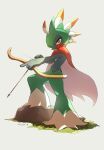  arrow_(projectile) bow_(weapon) cape commentary english_commentary highres holding holding_arrow holding_bow_(weapon) holding_weapon looking_at_viewer motoiwork no_humans orange_cape pal_(creature) palworld red_eyes robinquill rock weapon 