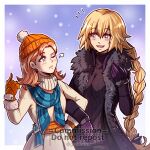  2girls :d ;t annette_fantine_dominic blonde_hair blue_eyes blue_scarf commentary_request dress fate/apocrypha fate_(series) fire_emblem fire_emblem:_three_houses gloves grey_dress gzei hand_up highres jeanne_d&#039;arc_(fate) long_braid long_hair looking_at_another multiple_girls open_mouth orange_gloves orange_hair orange_headwear orange_sash puff_of_air scarf smile upper_body very_long_hair 