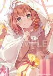  1girl :3 bear blanket blush brown_hair brown_sweater collarbone confetti copyright_name flower green_eyes hair_behind_ear hair_flower hair_ornament hair_ribbon hairband heart honma_himawari honma_himawari_(10th_costume) medium_hair nijisanji official_art ribbon sitting solo streamers sunflower sunflower_hair_ornament sweater virtual_youtuber white_hairband yellow_ribbon yumesaki_nana 