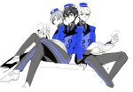  3boys amamiya_ren arknirya arm_support blue_headwear blue_jacket blue_necktie book card collared_shirt cosplay crossed_legs full_body highres holding holding_card in-franchise_crossover jacket light_smile looking_at_viewer male_focus multiple_boys narukami_yuu necktie open_book persona persona_3 persona_4 persona_5 shirt short_hair sitting sketch spot_color theodore_(persona) theodore_(persona)_(cosplay) uniform velvet_room white_background yellow_eyes yuuki_makoto_(persona_3) 