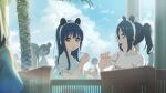  2boys 3others 4girls :d animal_ear_hairband animal_ears black_hair blue_eyes blue_hair blue_sky blurry blurry_background breasts chair clothes_writing clouds cumulonimbus_cloud cup day depth_of_field fake_animal_ears food hairband hibike!_euphonium highres holding holding_cup holding_spoon kasaki_nozomi lens_flare light_particles long_hair looking_at_viewer multiple_boys multiple_girls multiple_others open_mouth outdoors palm_tree people ponytail profile railing raku_rakugaki shaved_ice shirt sidelocks sitting sky small_breasts smile spoon teeth tree upper_body upper_teeth_only violet_eyes white_hairband white_shirt yoroizuka_mizore 
