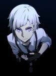  1boy black_background black_gloves black_necktie bungou_stray_dogs closed_mouth full_body gloves grey_hair highres looking_at_viewer looking_up mari_(marimaripink) nakajima_atsushi_(bungou_stray_dogs) necktie shirt solo twitter_username walking white_shirt yellow_eyes 