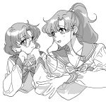  2girls arm_support bishoujo_senshi_sailor_moon bow bowtie collarbone earrings glasses hair_bobbles hair_ornament high_ponytail highres interlocked_fingers jewelry kino_makoto long_hair looking_at_another mizuno_ami monochrome multiple_girls round_eyewear sailor_collar school_uniform serafuku shiroi_uma short_hair simple_background upper_body white_background 