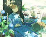  against_tree blue_kimono brown_hair bucket dappled_sunlight day flower hair_up japanese_clothes karasu_wa_aruji_wo_erabanai kimono leaf morning_glory outdoors own_hands_together plant potted_plant sitting sunlight teiuyou tree yukiya_(yatagarasu_series) 