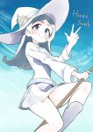  1girl artist_name barbara_parker belt blue_eyes blue_hair boots broom broom_riding clouds cloudy_sky commentary domdom dress hat knee_boots little_witch_academia long_hair looking_to_the_side luna_nova_school_uniform night school_uniform sky smile solo star_(sky) v witch witch_hat 