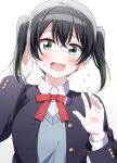  1girl black_hair black_jacket blush breasts collared_shirt commentary flying_sweatdrops furrowed_brow green_eyes green_hair grey_vest hair_between_eyes jacket long_sleeves looking_at_viewer love_live! love_live!_nijigasaki_high_school_idol_club medium_breasts medium_hair neck_ribbon nijigasaki_academy_school_uniform open_mouth red_ribbon ribbon school_uniform shirt sidelocks solo surufuji sweat takasaki_yuu twintails upper_body vest white_background white_shirt 