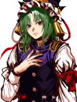  1girl black_headwear blue_vest buttons closed_mouth commentary epaulettes frilled_hat frills green_eyes green_hair hand_on_own_chest hat highres kuya_(hey36253625) long_sleeves looking_at_viewer parted_bangs shiki_eiki shirt short_hair simple_background solo touhou upper_body vest white_background white_shirt 