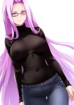 1girl black_skirt breasts collared_shirt covered_navel cowboy_shot denim engo_(aquawatery) fate/stay_night fate_(series) glasses heaven&#039;s_feel highres jeans large_breasts long_hair long_sleeves looking_at_viewer medusa_(fate) medusa_(rider)_(fate) pants pink_eyes pink_hair shirt simple_background skirt smile solo very_long_hair white_background 