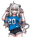 1girl ahoge animal_ear_piercing animal_ears black_nails black_shorts blue_shirt breasts commentary contrapposto cowboy_shot earrings fangs grey_eyes grey_hair hashtag_only_commentary hololive jersey jewelry large_breasts lion_ears lion_girl lion_tail morebreasts open_mouth paw_pose shirt shishiro_botan short_shorts shorts single_earring smile solo tail virtual_youtuber 