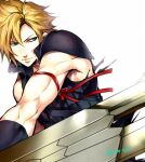  1boy arm_ribbon armor black_gloves blonde_hair blue_eyes cloud_strife commentary_request elbow_gloves fighting_stance final_fantasy final_fantasy_vii final_fantasy_vii_advent_children gloves high_collar holding holding_sword holding_weapon looking_to_the_side male_focus pauldrons red_ribbon ribbon shoulder_armor simple_background single_pauldron sleeveless solo spiky_hair sword tama_(tmfy5) twitter_username upper_body weapon white_background 