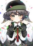  1boy a_c_bb black_cape black_hair black_headwear blush brown_eyes cape chinese_commentary commentary_request confetti eye_of_senri fur-trimmed_cape fur_trim green_ribbon hands_up hat highres indie_virtual_youtuber long_sleeves looking_at_viewer male_focus neck_ribbon open_mouth ribbon shirt short_hair simple_background solo tabinoki_kanae two-sided_cape two-sided_fabric upper_body virtual_youtuber white_background white_shirt 