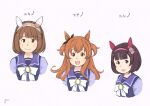  3girls black_hair brown_hair chii-kun_(seedyoulater) hair_between_eyes hair_ornament headband highres horse_girl long_hair looking_at_viewer mayano_top_gun_(umamusume) medium_hair multiple_girls nishino_flower_(umamusume) open_mouth orange_hair portrait ribbon school_uniform smile umamusume violet_eyes white_background x_hair_ornament yukino_bijin_(umamusume) 