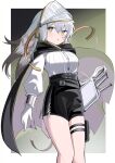  1girl absurdres arknights black_shorts blush breasts brown_eyes fartooth_(arknights) feet_out_of_frame gloves grey_hair hair_between_eyes highres long_hair long_sleeves medium_breasts parted_lips puffy_long_sleeves puffy_sleeves shirt shorts solo spam_(spamham4506) standing very_long_hair visor_(armor) white_gloves white_shirt 