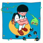  1boy backpack bag black_eyes black_hair blue_background border bowl_cut brown_footwear character_request child chromatic_aberration cm_wm commentary_request ekubo_(mob_psycho_100) full_body highres kageyama_shigeo knees_up male_focus mob_psycho_100 outside_border shirt shoes short_hair short_sleeves simple_background sitting socks spirit white_border white_shirt white_socks 