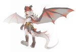  1boy absurdres barefoot blue_eyes child claws dragon_boy dragon_horns dragon_tail dragon_wings fins from_behind highres horns kemonomimi_mode lirenans looking_down male_focus navel original pointy_ears redhead scales solo tail tattoo toes white_background wings 