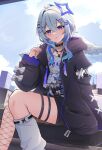  1girl absurdres amane_kanata amane_kanata_(6th_costume) belt_collar black_hoodie black_shorts blue_eyes blue_hair blue_halo blue_sky character_print clouds cloudy_sky collar colored_inner_hair commentary_request grey_hair halo hand_up heart_o-ring highres hololive hood hood_down hoodie kato_yuurina long_hair long_sleeves looking_at_viewer mini_wings multicolored_hair o-ring o-ring_thigh_strap open_clothes open_hoodie outdoors parted_lips self_character_print shirt shorts signature single_fishnet_legwear sitting sky socks solo star_halo streaked_hair thigh_strap virtual_youtuber white_shirt white_socks wings 